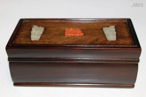 Chinese Hardwood Box With Jade and Agate Decorations