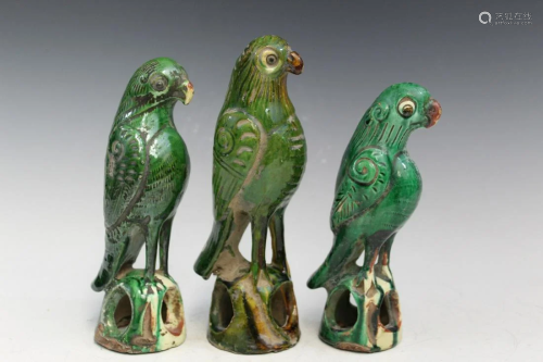 Three Chinese Green Glazed Porcelain Bird Statues