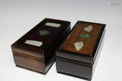 Two Chinese Wood Boxes with Jade Inlay