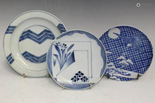 Three Japanese Blue and White Porcelain Dishes