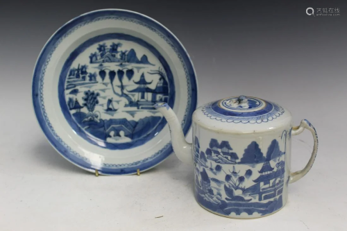 Chinese Canton Blue and White Porcelain Teapot and Dish
