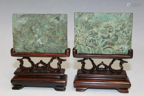 Two Antique Roman Bronze Plaques on Chinese Wood Stands