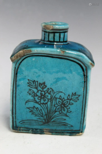 Antique Persian Turquoise Glaze Porcelain Tea Caddy.
