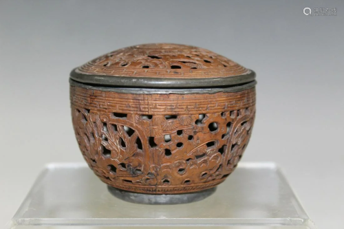 Chinese Carved Coconut Shell Incense Box
