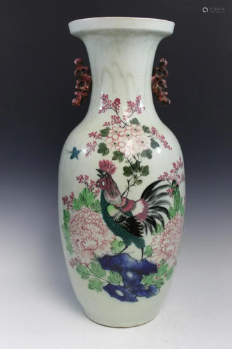 Large Chinese Porcelain Vase with Rooster and Flowers Decora...