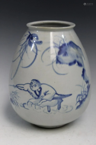 Korean Blue and White Porcelain Vase Depicting a Fisherman.