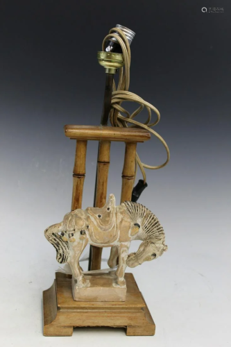 Wood/bamboo Lamp with A Chinese Pottery Horse Statue