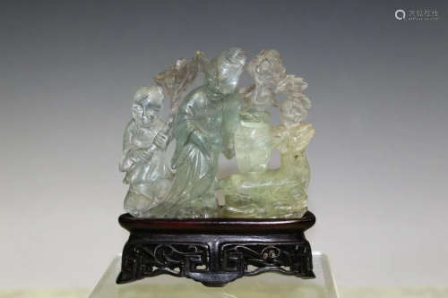 Chinese Carved Quartz Statue on Wood Stand
