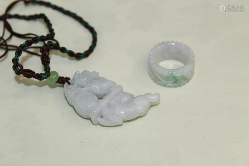 Chinese Carved Jadeite Pendant Necklace and a Ring