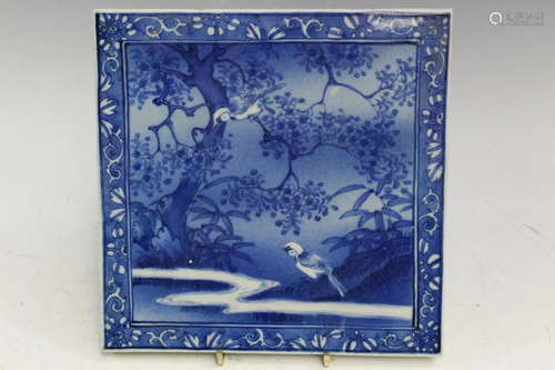 Hand Painted Japanese Blue and White Porcelain Tile.