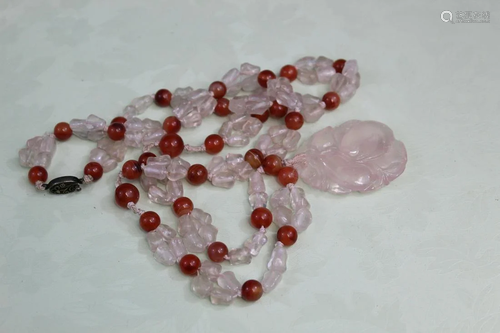 Chinese Rose Quartz and Red Agate Beads Necklace.