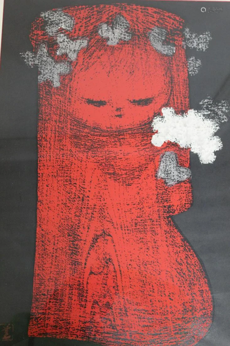 Girl with Flowers, Kaoru Kawano, Japanese Woodblock Print.