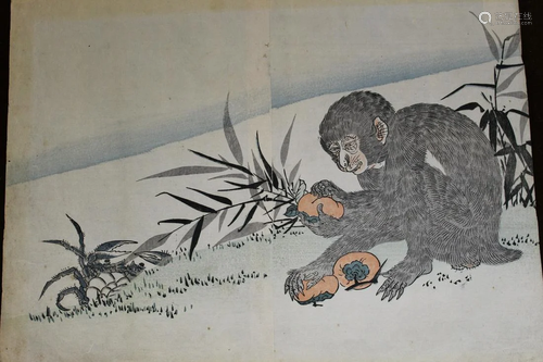 Monkey and Persimmon, KÅno Bairei(?), Japanese Woodblock Pri...