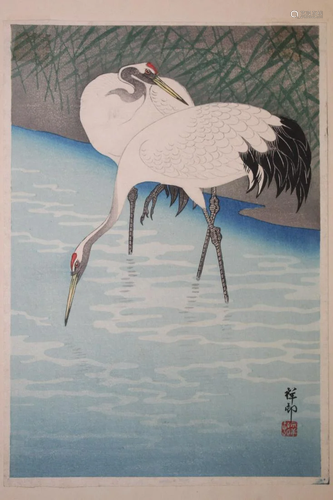 Two Cranes in Shallow Water, Ohara Koson, Japanese Woodblock...