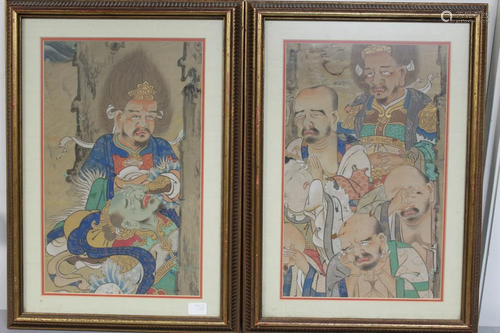 Pair of Korean Watercolor on Silk Paintings of Immortals.