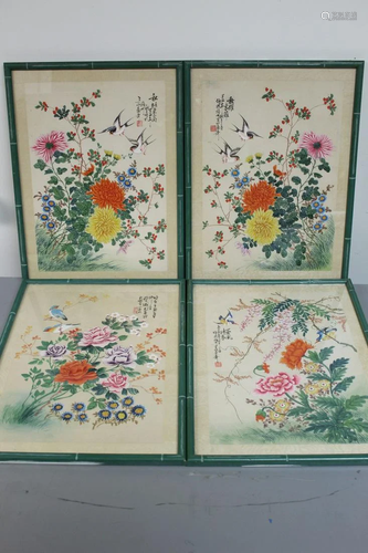 Set of Four Chinese Watercolor Painting on Silk of Flowers a...