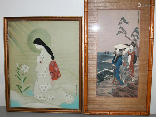 Japanese Watercolor Painting on Silk of a Praying Lady and a...