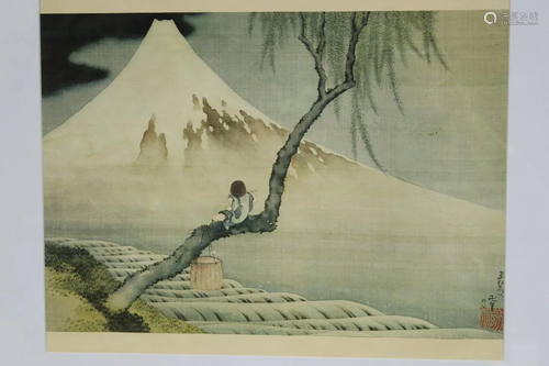 Framed Japanese Hokusai Print of Boy Viewing Mount Fuji.