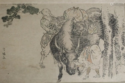 Japanese Woodblock Print of a Water Buffalo.