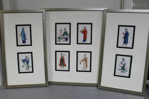 Set of Three Framed Chinese Gouache Paintings on Rice Paper ...