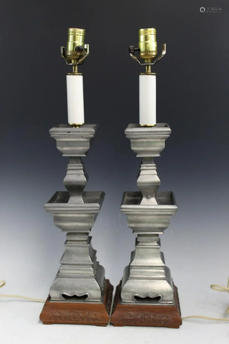 Pair of Chinese pewter candle holder lamps.