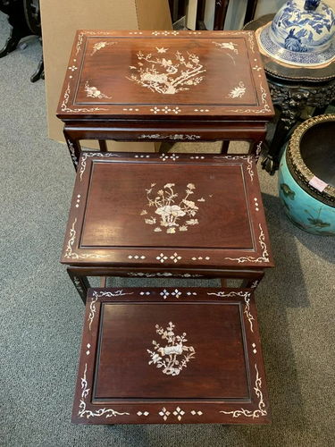 Set of three Chinese rosewood mother of pearl inlaid nesting...