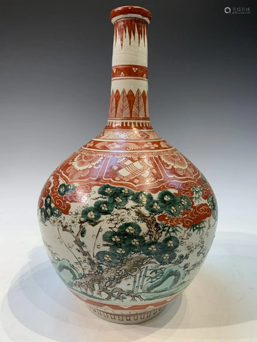 Japanese Bottle Vase with Red and Green Decoration