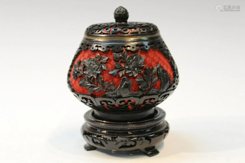 Chinese Cinnabar Lacquered Flowered Jar with Wood Base