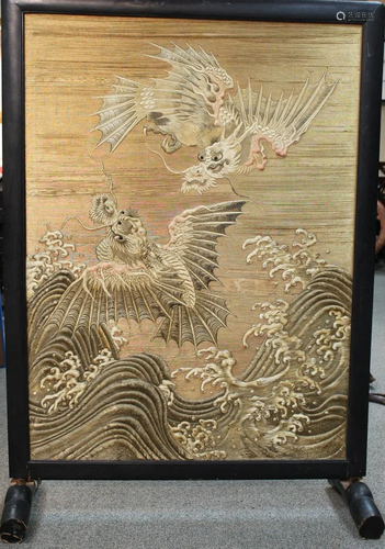 Japanese Fukusa Embroidery Large Lacquer Framed