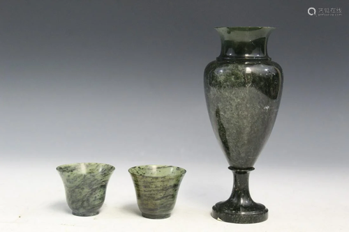 Pair of Spinach Jade Wine Cups and Vase