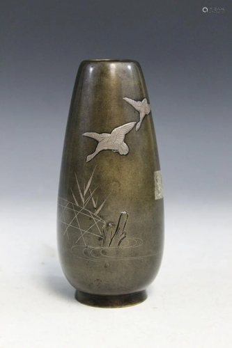 Japanese Bronze Vase with Silver Inlay