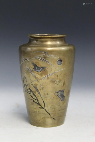 Japanese Bronze Vase with Silver Inlay