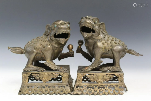 Pair of Chinese Bronze Foo Dog Statues