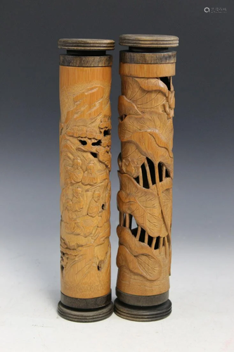 Two Chinese Carved Bamboo Incense Holders