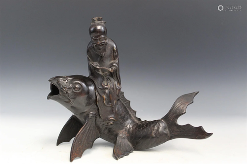 Japanese Bronze Incense Burner of an Old Man on a Fish