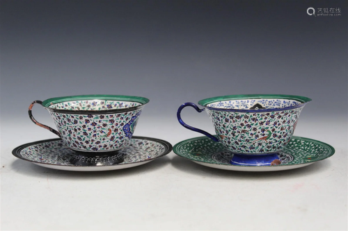 Two Enameled Teacups and Saucers