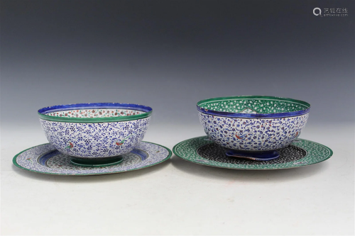 Two Enameled Bowls and Dishes