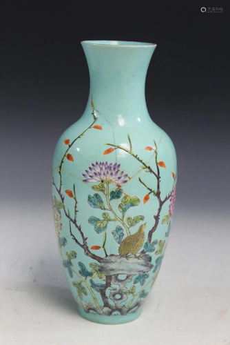 Chinese Famille Rose on Turquoise Glaze Porcelain Vase