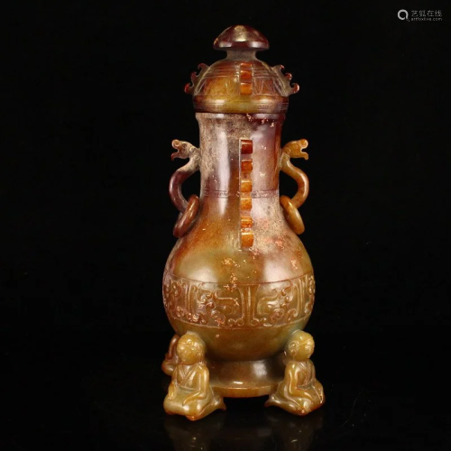 Chinese Qing Dy Hetian Jade Double Rings Vase w Lid