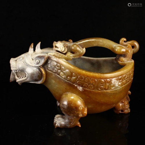 Vintage Chinese Hetian Jade Divine Beast Handle Teapot