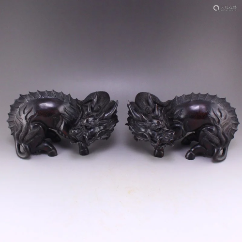 A Pair Chinese Zitan Wood Fortune Beast Statues