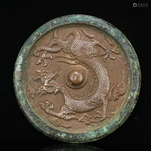 Chinese Ming Dynasty Pure Silver Lucky Dragon Mirror