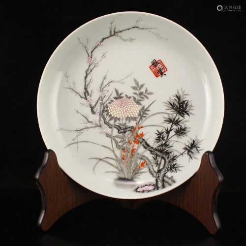 Chinese Famille Rose Plum Flower & Orchid Porcelain Plat...