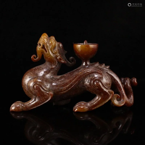 Superb Vintage Chinese Hetian Jade Divine Beast Candlestick
