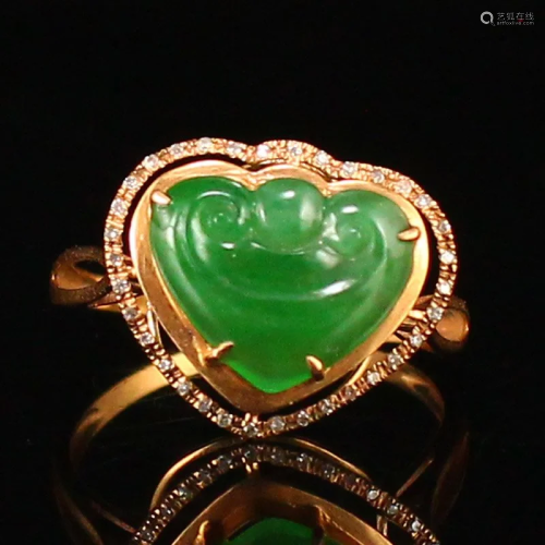Superb 18k Gold Inlay Natural Jadeite & Diamond Ring