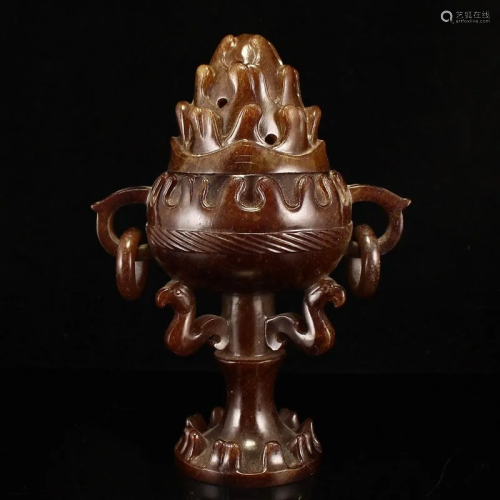 Vintage Chinese Hetian Jade Double Rings Incense Burner