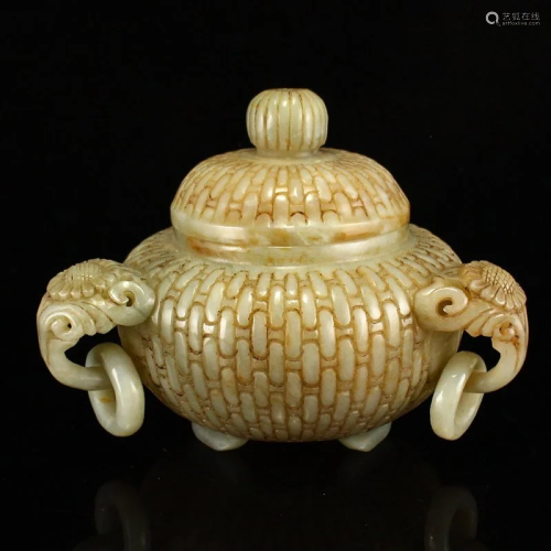 Chinese Qing Dy Hetian Jade Three Rings Incense Burner