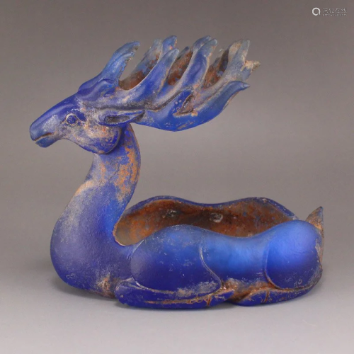 Vintage Blue Peking Glass Lucky Deer Brush Washer