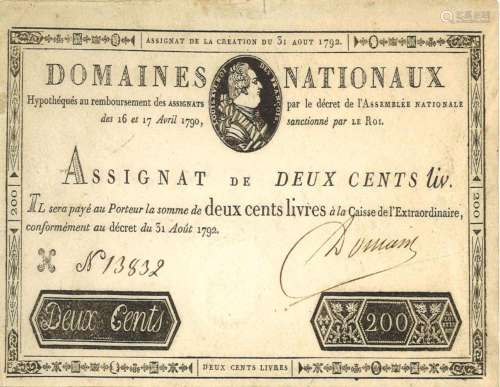 ASSIGNAT DE DEUX CENTS LIVRES (AOUT 1792). IMPRIMÉ AU PROFIL...