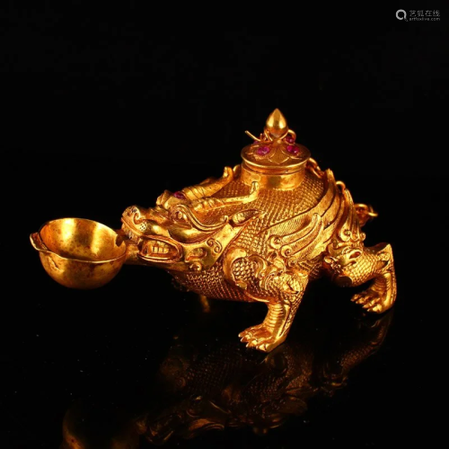 Chinese Gilt Gold Red Copper Divine Beast Candlesticks